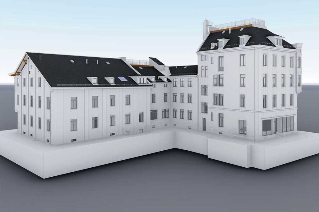 Gebäudeaufnahme Wohn- und Geschäftshaus in Zürich, 3D-Modell, HMQ AG