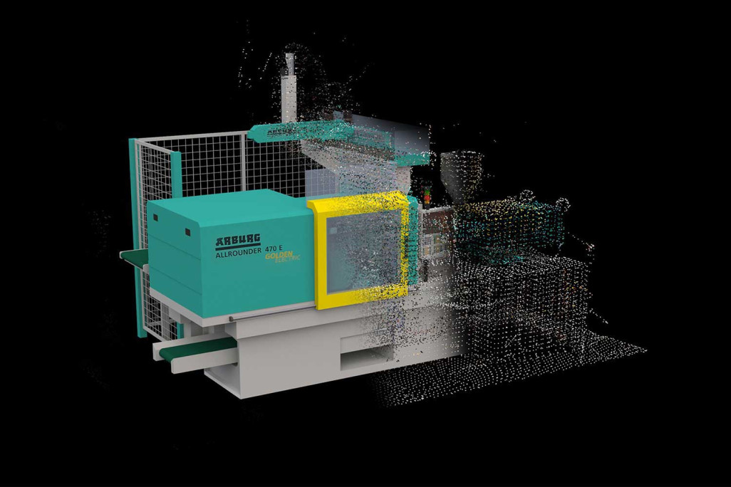 3D-Laserscanning mit 3D-Modell einer Spritzgiessmaschine, HMQ AG