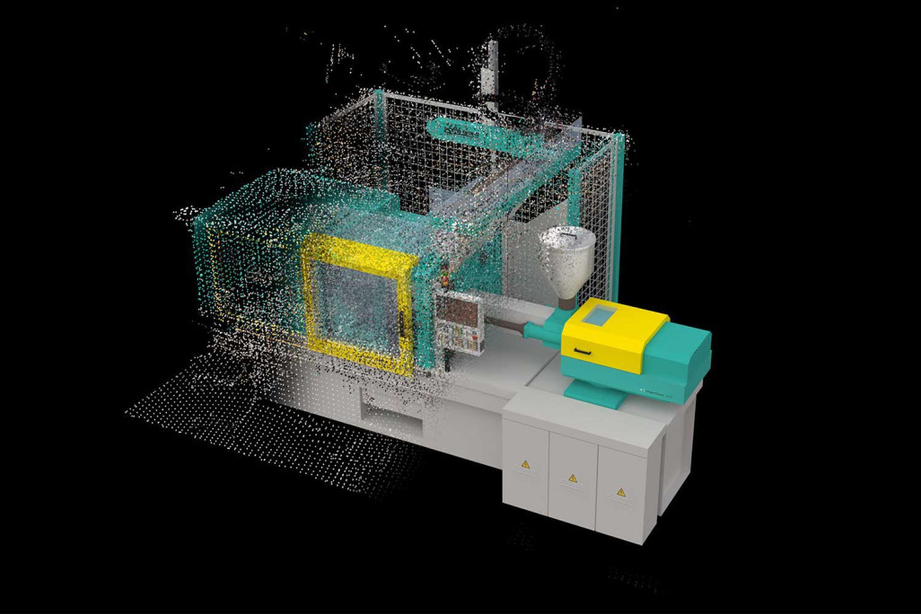 3D-Punktwolke mit 3D-Modell einer Spritzgiessmaschine, HMQ AG