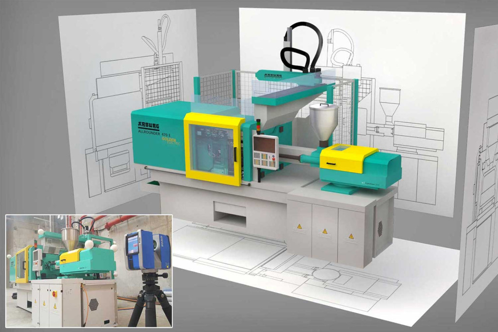 3D-Laserscanning mit 3D-Modell einer Spritzgiessmaschine, HMQ AG