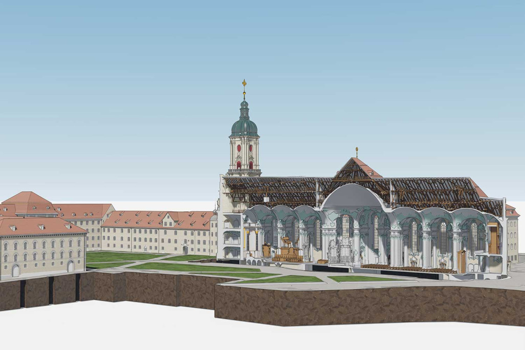 Stiftsbezirk St. Gallen, 3D-Modell Längsschnitt von Stiftsbezirk-Kathedrale, HMQ AG