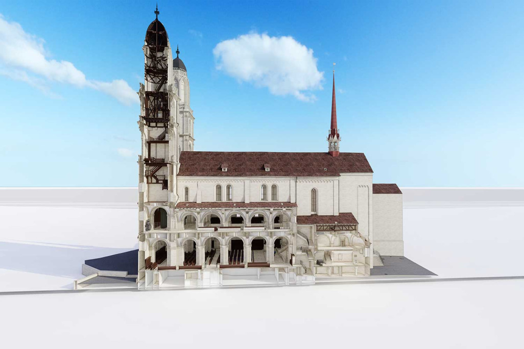 Grossmünster Zürich, Längsschnitt aus 3D-Modell als Planungsgrundlage, HMQ AG