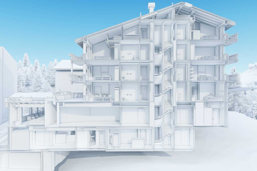 Saas Fee VS, Hotel Europa, 3D-Schnitt aus Gebäudeaufmass, HMQ AG