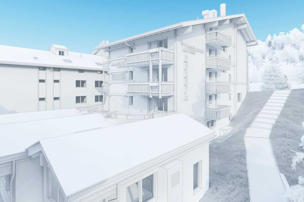 Saas Fee VS, Hotel Europa, 3D-Modell Fassade aus Gebäudevermessung, HMQ AG
