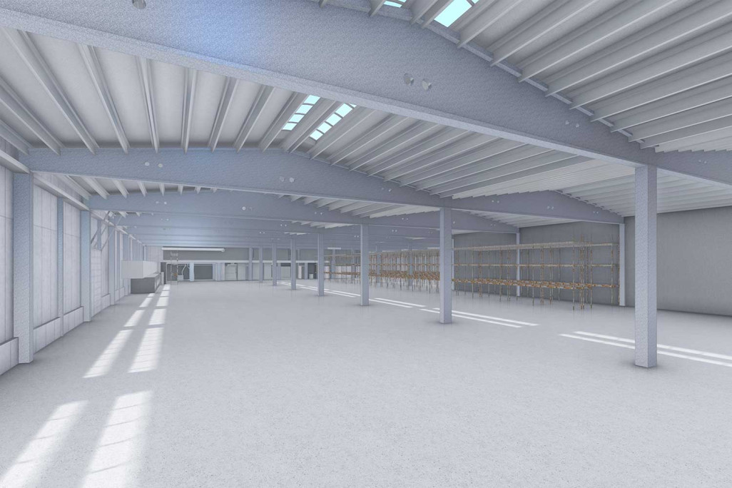 3D-Modell Industriehalle aus Gebäudevermessung, HMQ AG
