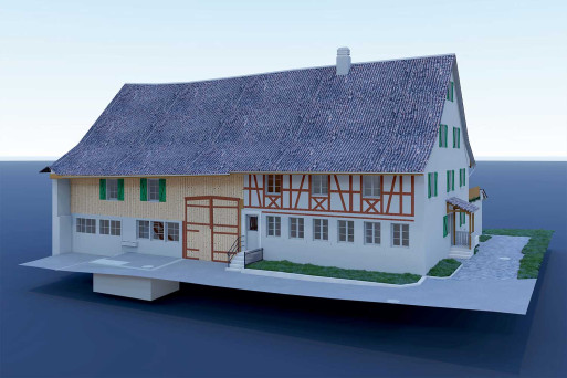 3D-Modell aus Gebäudeaufnahme, Bauernhaus mit Scheune, HMQ AG