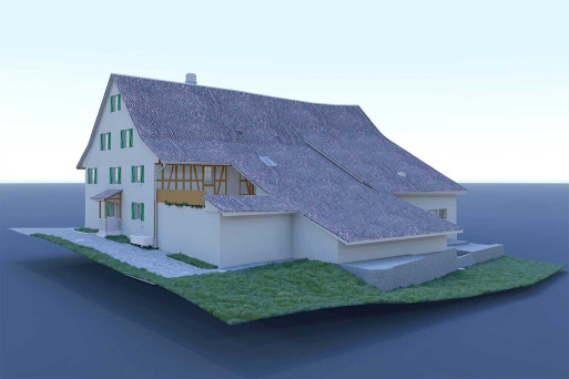 3D-Modell, Bauernhaus mit Scheune, HMQ AG