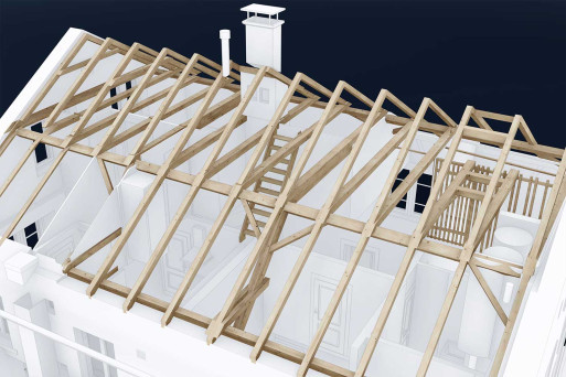 3D Dachkonstruktion Einfamilienhaus aus Gebäudeaufnahme, HMQ AG