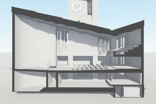 Urtenen BE, Kirche, 3D-Modell Längsschnitt, HMQ AG