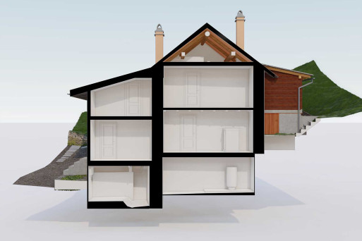 3D-Modell Einfamilienhaus Graubünden, 3D-Querschnitt, HMQ AG