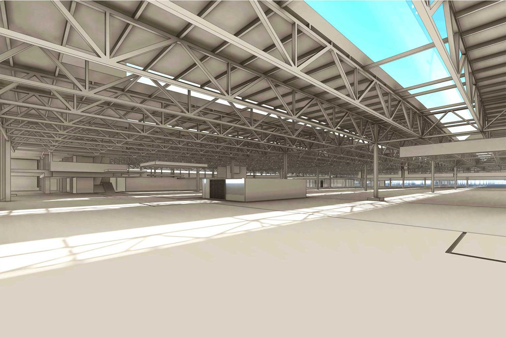 3D-Modell von einer Industriehalle aus einer Gebäudeaufnahme, HMQ AG