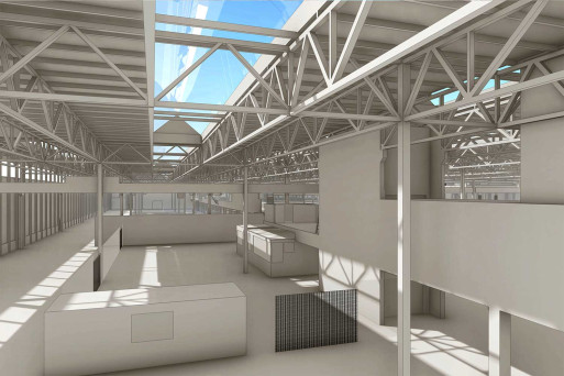 3D-Modell von einer Industriehalle aus einer Gebäudevermessung, HMQ AG