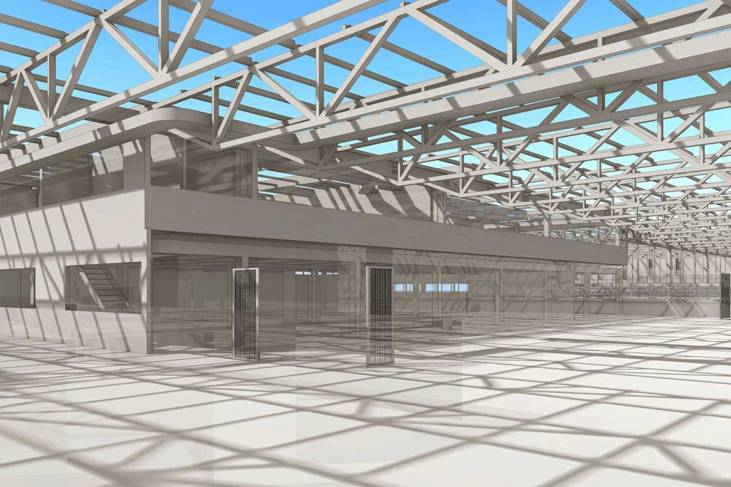 3D-Modellierung einer Industriehalle aus einer Gebäudeaufnahme, HMQ AG