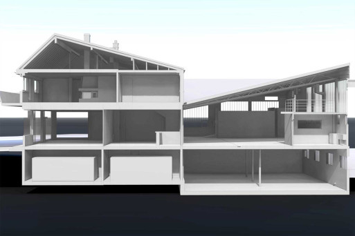 Wallis, Gebäudeaufnahme Ruedi Rüssel Tankstelle, 3D-Schnitt, HMQ AG