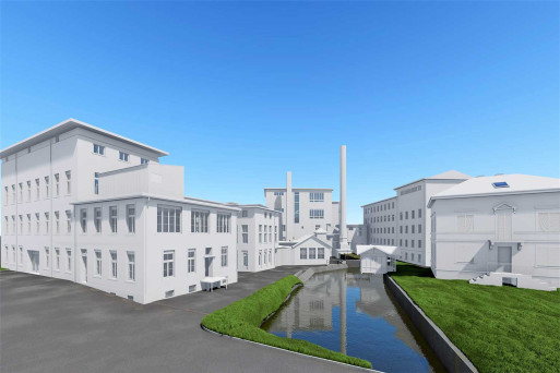 3D-Modell, Gebäudeaufnahme Fabrikanlage in Wetzikon ZH, HMQ AG