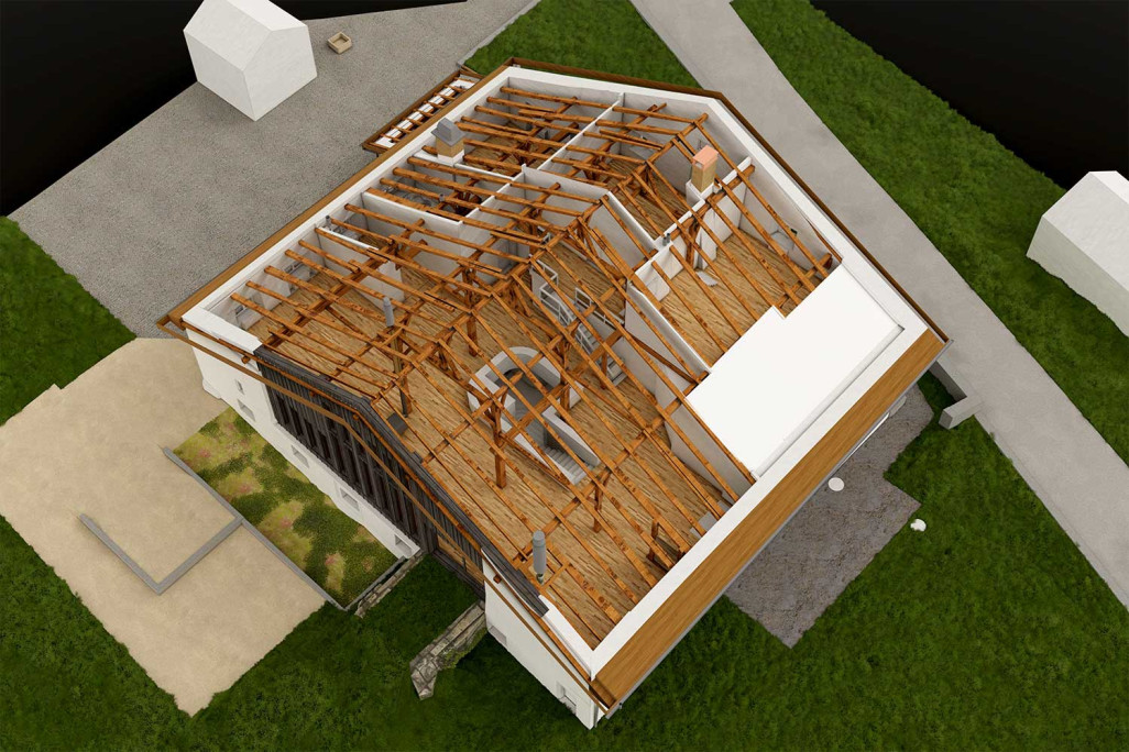 3D-Dachkonstruktion, Bauernhaus im Jura, Gebäudeaufnahme, HMQ AG