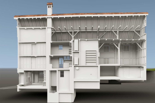 Gebäudeaufnahme, Wohnhaus mit Scheune 3D-Schnitt, HMQ AG