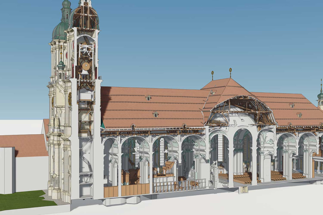 St. Gallen, Kathedrale Stiftsbezirk 3D-BIM-Modell Schnitt, HMQ AG