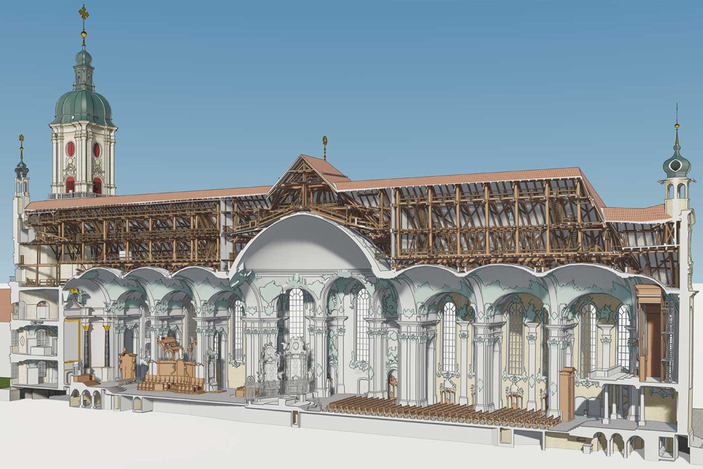 St. Gallen, Kathedrale Stiftsbezirk Gebäudevermessung 3D-Modellierung Schnitt, HMQ AG