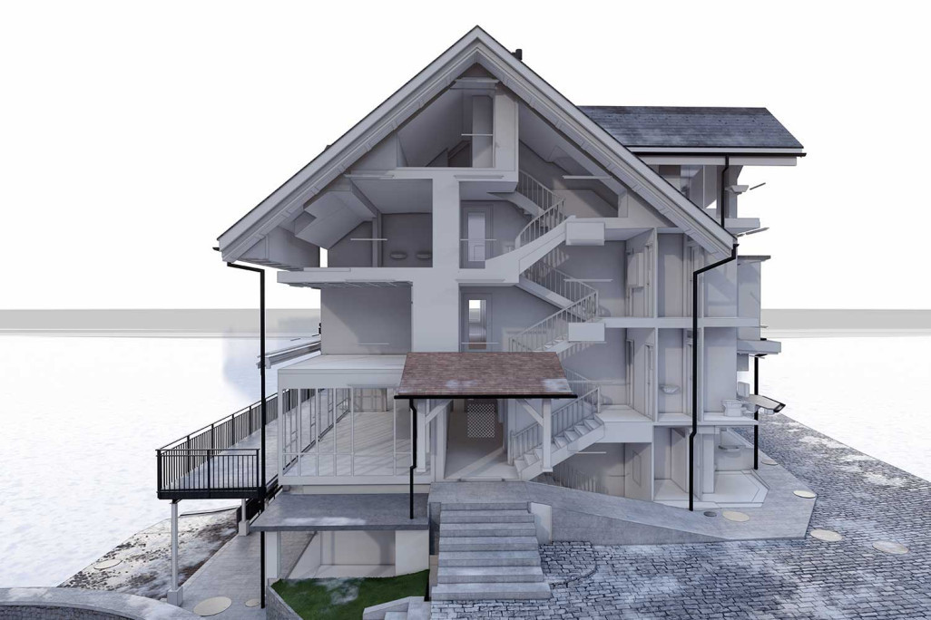 3D-Schnitt durch 3D-Modell, Pilgerhaus Maria-Rickenbach, HMQ AG