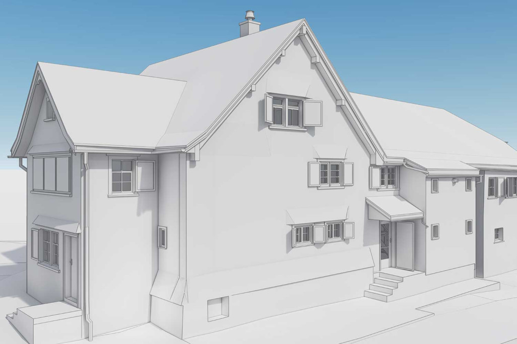 Gebäudeaufnahme und 3D-Modellierung vom Jennyhaus in Wildhaus, HMQ AG
