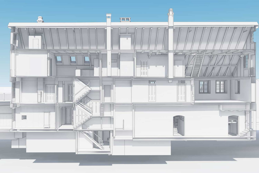 Schnitt durch 3D-Modell von Fabrikgebäude in Fehraltorf, HMQ AG