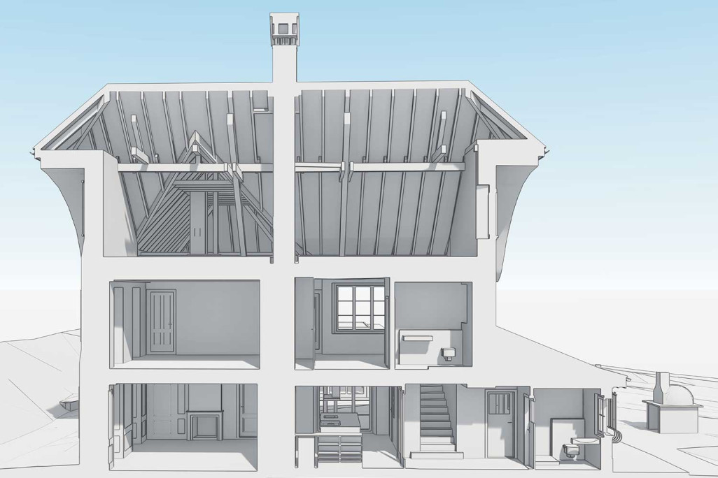 Schnitt durch 3D-Modell von Pfarrhaus in Meyriez im Kanton Fribourg, HMQ AG