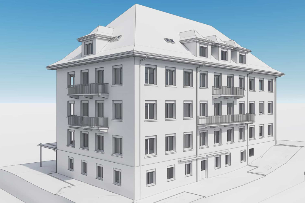 Gebäudeaufmass und 3D-Modellierung mit ArchiCAD von Schulhaus in Hagendorn, HMQ AG