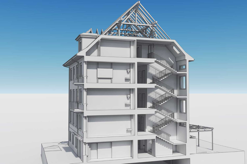 3D-Schnitt durch BIM-Modell von Schulhaus in Hagendorn, HMQ AG