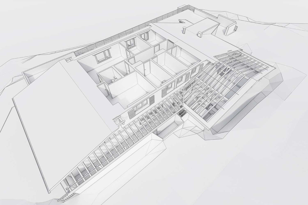 Schnitt mit Dachkonstruktion durch 3D-Modell von Bergrestaurant Foppa in Flims, HMQ AG