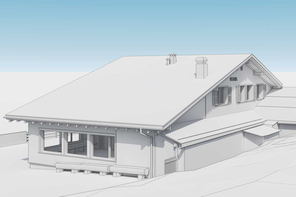 Vermessung und 3D-Modellierung mit ArchiCAD von Bergrestaurant Foppa in Flims, HMQ AG