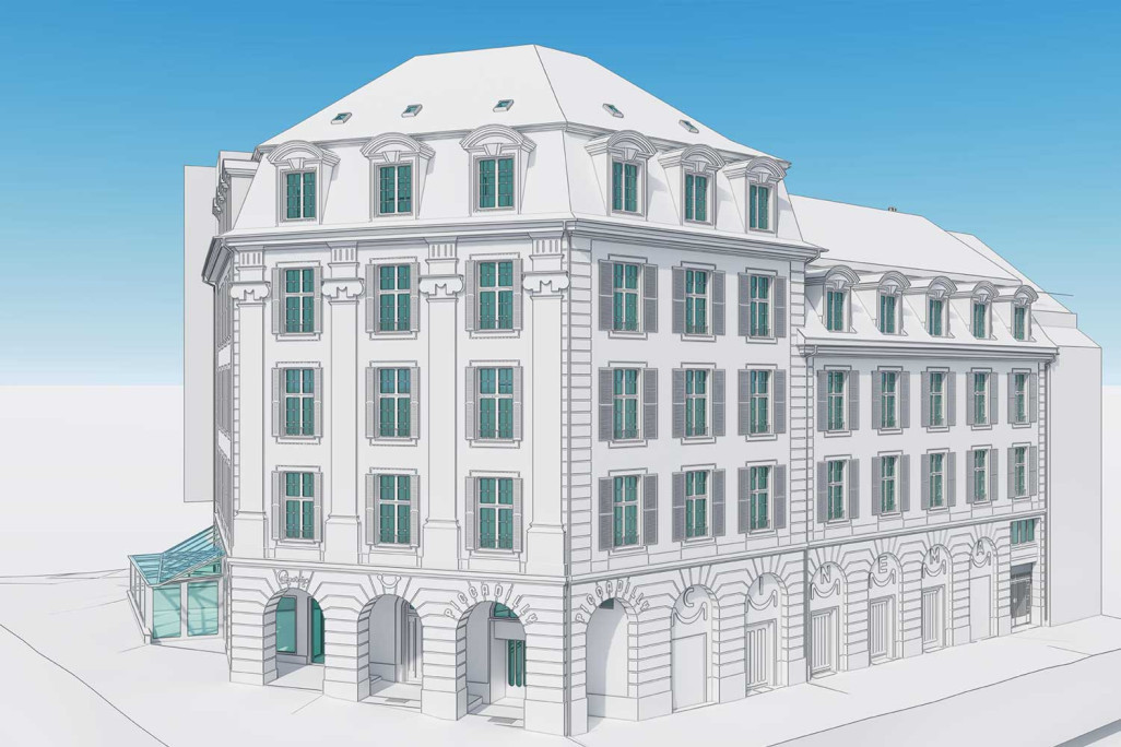 3D-Modellierung mit ArchiCAD von Wohn- und Gewerbehaus in Zürich, HMQ AG