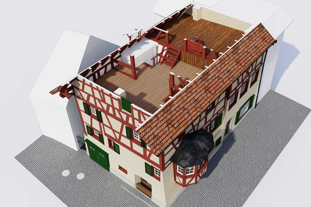 Dachkonstruktion in 3D von Wohn- und Geschäftsgebäude in Stein am Rhein, HMQ AG