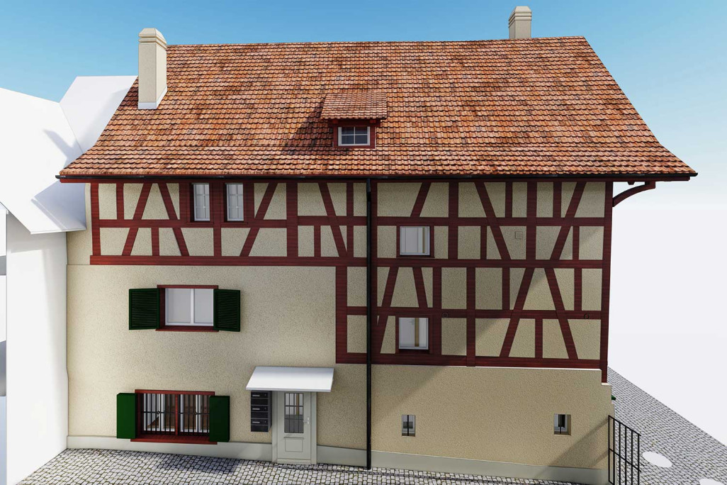 Fassade mit Fachwerk von Wohn- und Geschäftsgebäude in Stein am Rhein, HMQ AG