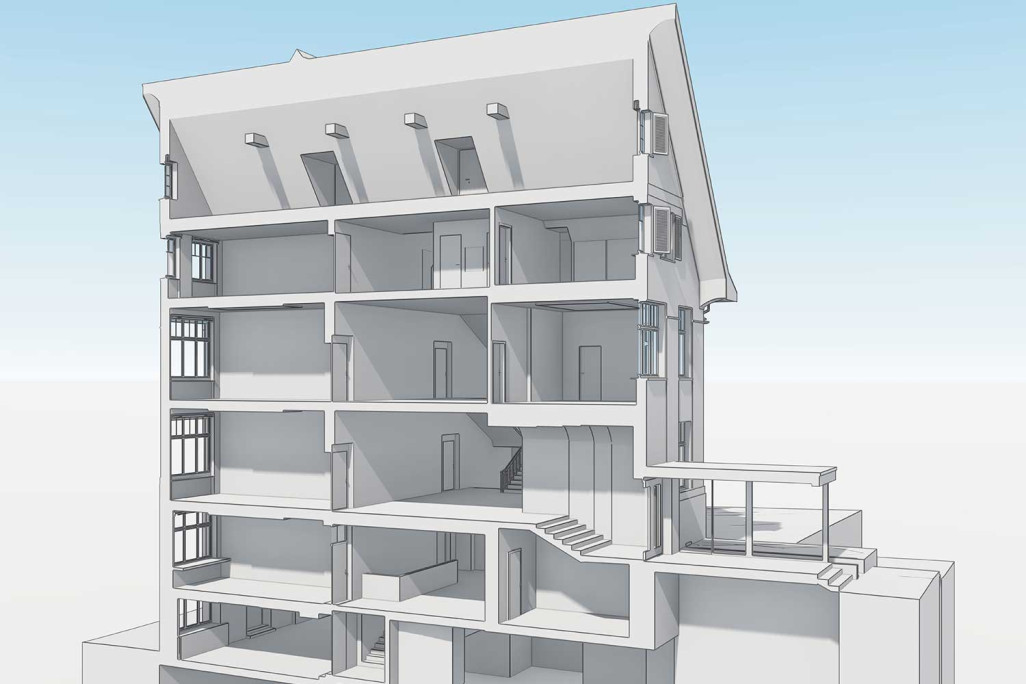 Schnitt durch 3D-Modell von Schulhaus Gallus in Mörschwil, HMQ AG