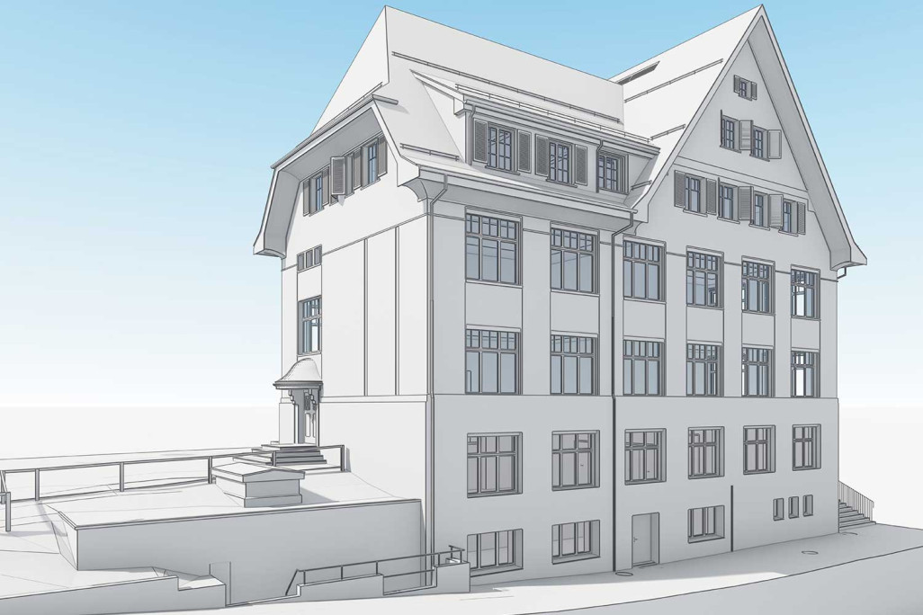 Gebäudevermessung und 3D-Modellierung von Schulhaus Gallus in Mörschwil, HMQ AG