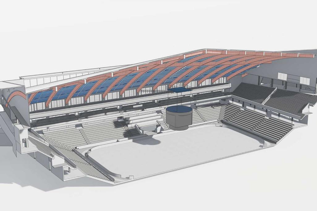 Bern BE, PostFinance-Arena, 3D-Längsschnitt, HMQ AG