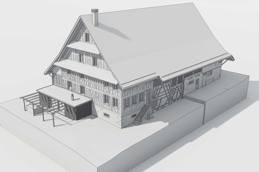 Gebäudeaufnahme mit 3D-Laserscanning von Bauernhaus mit Scheune in Kappel am Albis, HMQ AG