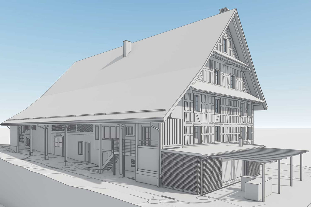 3D-Modellierung von Bauernhaus mit Scheune in Kappel am Albis, HMQ AG