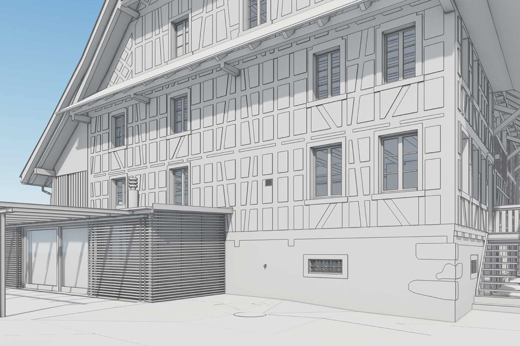 3D-BIM-Modell von Bauernhaus mit Scheune in Kappel am Albis, HMQ AG