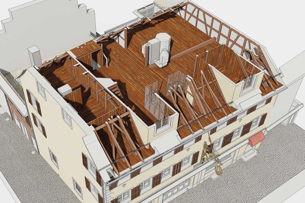 3D-Grundriss nach Gebäudeaufnahme von Gasthof Löwen in Sursee, HMQ AG