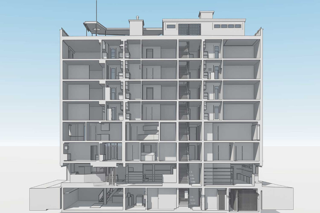 Schnitt durch 3D-Modell von Wohn- und Geschäftshaus in Luzern, HMQ AG