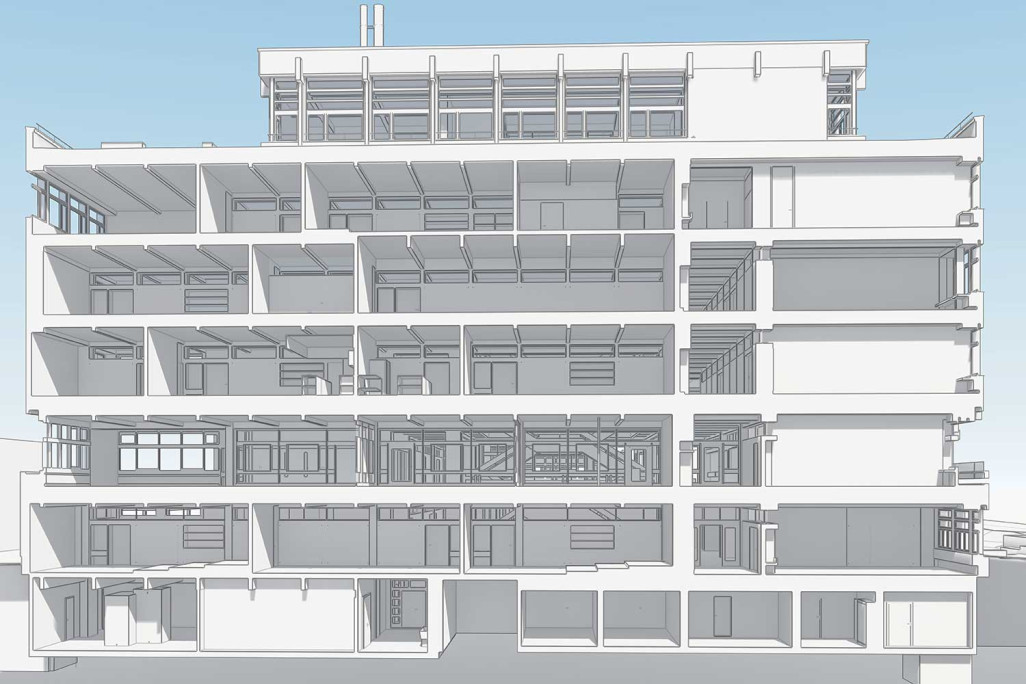 Schnitt durch 3D-Modell von Gewerbliche Berufsschule in Chur, HMQ AG