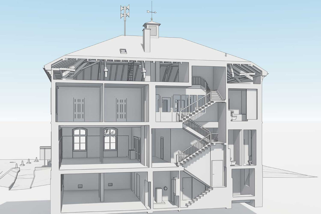 3D-Schnitt durch Treppenhaus von Schulhaus in Salenstein, HMQ AG