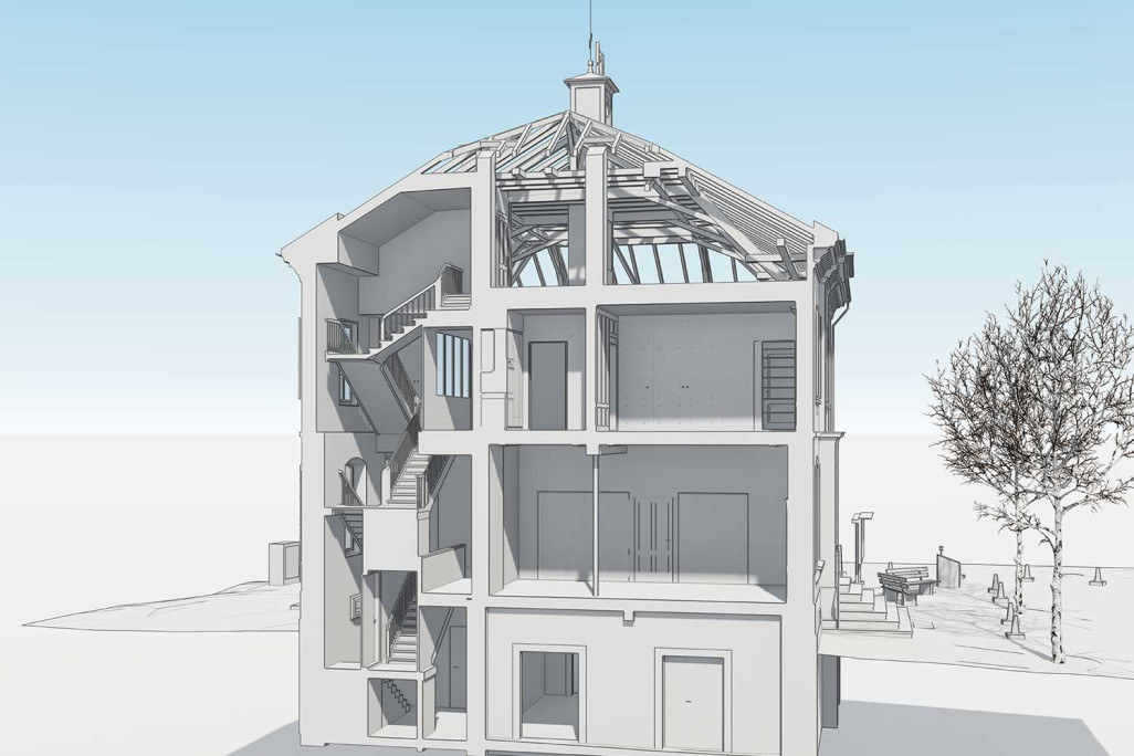 Schnitt durch 3D-BIM-Modell von Schulhaus in Salenstein, HMQ AG