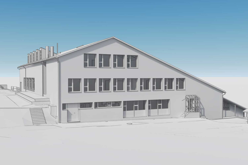 Gebäudeaufnahme und 3D-Modellierung von der Schulanlage Rietli in Schöfflisdorf, HMQ AG