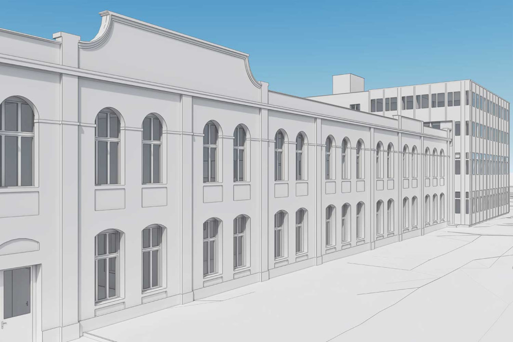 3D-Fassade nach Architekturvermessung von Industriegebäude in Wetzikon, HMQ AG