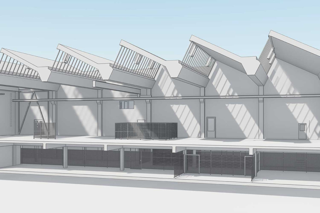 Schnitt durch 3D-Modell von Industriegebäude in St. Gallen, HMQ AG