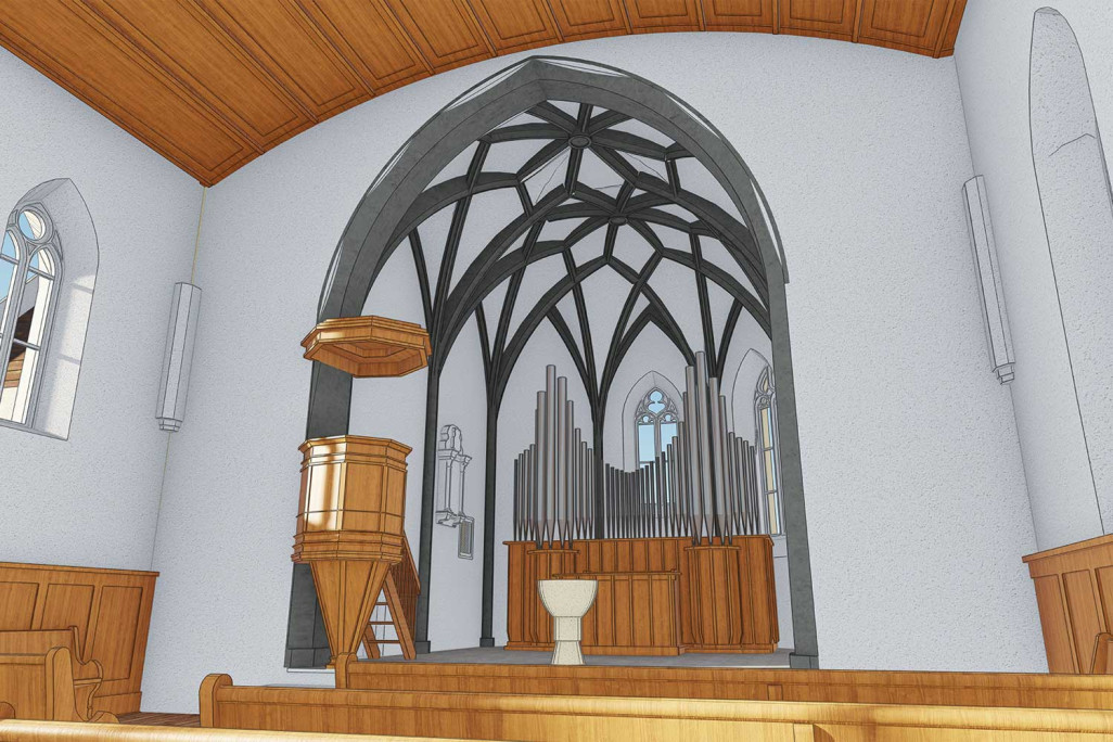 Gebäudevermessung und 3D-Modellierung von Martinskirche in Flims, HMQ AG
