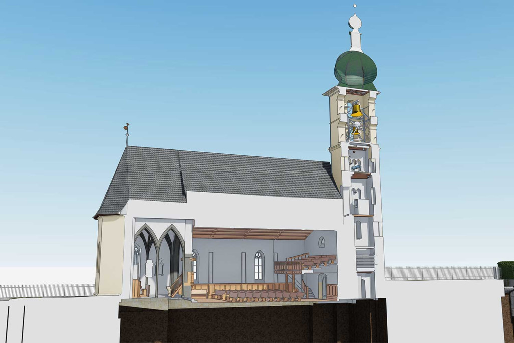 3D-Schnitt durch Kirchturm von Martinskirche in Flims, HMQ AG
